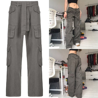 CityHottie - Women Spring Fashion Multi Pockets White Cargo Pants Women Adjustable Low Waist Baggy Wide Leg Jeans Oversized Casual Trousers Retro Bottoms Iamhotty