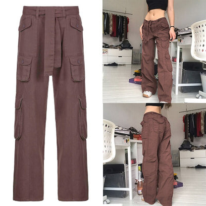 CityHottie - Women Spring Fashion Multi Pockets White Cargo Pants Women Adjustable Low Waist Baggy Wide Leg Jeans Oversized Casual Trousers Retro Bottoms Iamhotty