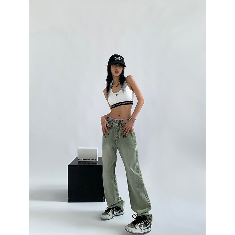 CityHottie - Women's Green Jeans Vintage Washed Multiple Pockets Wide Leg Pants Casual Street High Waist Baggy Denim Trouser Ladies Summer