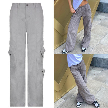 CityHottie - Women Spring Fashion Multi Pockets White Cargo Pants Women Adjustable Low Waist Baggy Wide Leg Jeans Oversized Casual Trousers Retro Bottoms Iamhotty