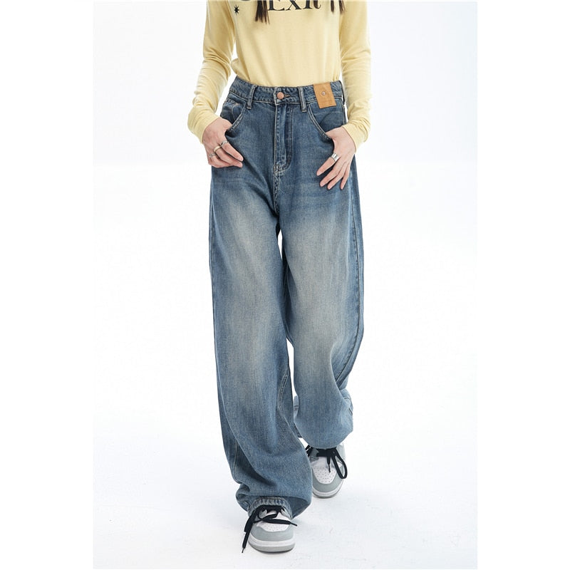 CityHottie - Women Blue Jeans Contrasting Colors High Waist American Street Wide Leg Pants Fashion Baggy Vintage Straight Autumn New Trousers