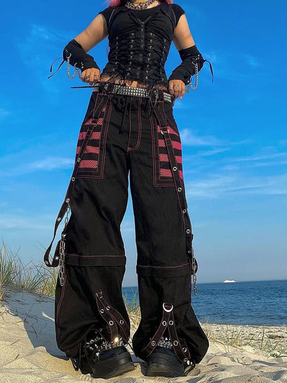 CityHottie - Fashion Trends Gothic Chain Bandage Wide leg Pants Women Oversize Low Rise Dark Academic Trousers Streetwear 90s Baggy Pant Punk Style