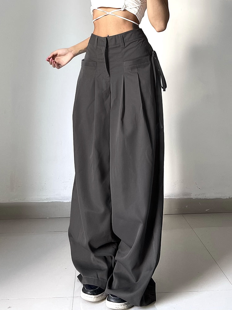 CityHottie - Shirring Casual Wide Leg Pants Women High Waist Street Basic Loose Sweat Trousers Korean Retro Gray Office Lady Pants