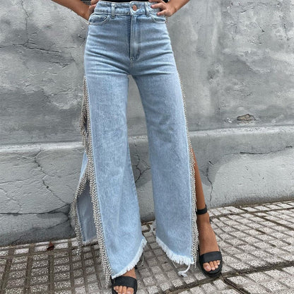 CityHottie - High Waisted Side Split Out Jeans Women Casual Loose Cargo Black Pants Streetwear Summer Wide Leg Long Baggy Y2k Jeans