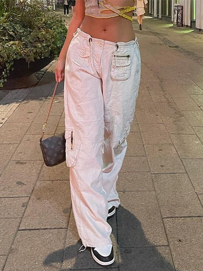 CityHottie - Women Spring Fashion Multi Pockets White Cargo Pants Women Adjustable Low Waist Baggy Wide Leg Jeans Oversized Casual Trousers Retro Bottoms Iamhotty