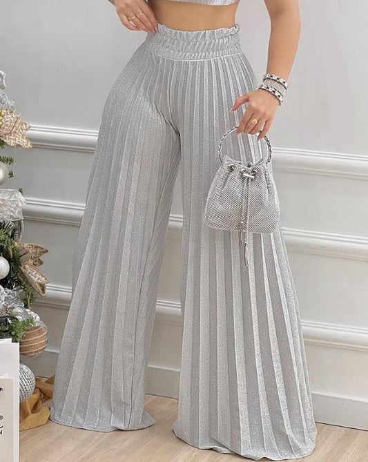 CityHottie - Casual High Waist Pleated Wide Leg Pants Plain Spring & Summer Fashion Elegant Women's Trousers Daily Lady Pants