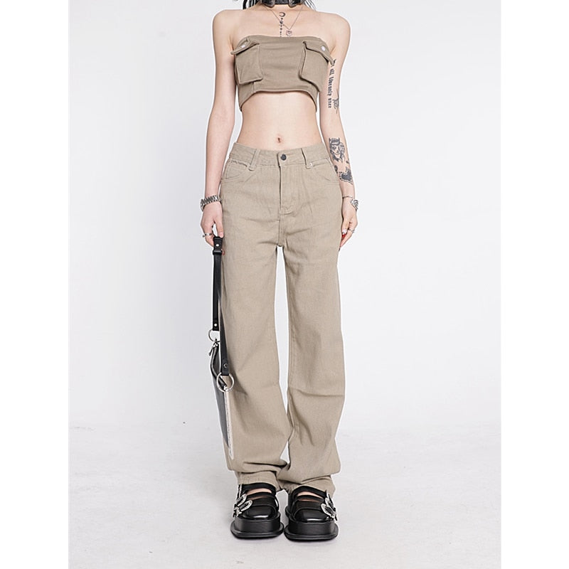 CityHottie - Women's Khaki Wide Leg Jeans Star Pocket Vintage Straight Pants High Waist Baggy Streetwear Casual Brown Denim Trouser Ladies