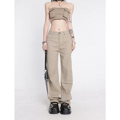 CityHottie - Women's Khaki Wide Leg Jeans Star Pocket Vintage Straight Pants High Waist Baggy Streetwear Casual Brown Denim Trouser Ladies