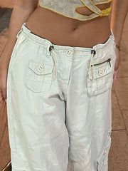 CityHottie - Women Spring Fashion Multi Pockets White Cargo Pants Women Adjustable Low Waist Baggy Wide Leg Jeans Oversized Casual Trousers Retro Bottoms Iamhotty