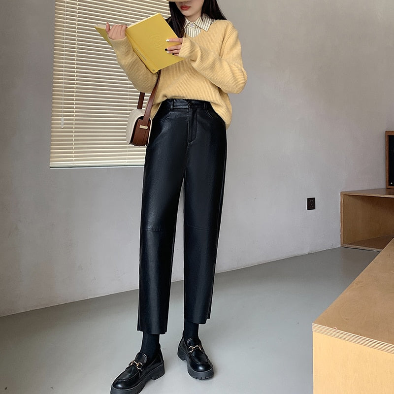 CityHottie - Burgundy Leather Pants Women Wide Leg Trousers Korean Style Y2k Fashion Loose Pants High Waisted Black Pu Baggy Pants