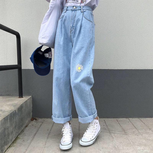 CityHottie - Korean Loose Daisy Jeans Women Fashion New High Waist Straight Denim Pants Maxi Wide-leg Cropped Trousers Female S-5XL