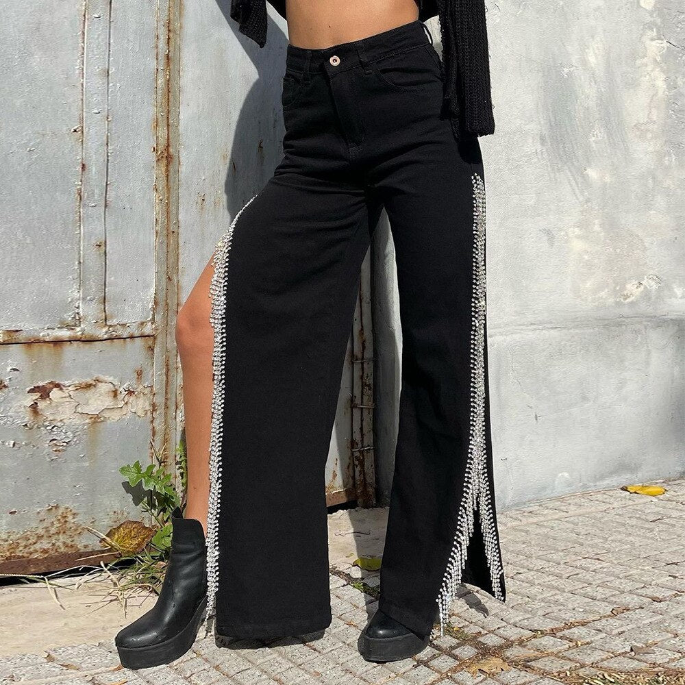 CityHottie - High Waisted Side Split Out Jeans Women Casual Loose Cargo Black Pants Streetwear Summer Wide Leg Long Baggy Y2k Jeans