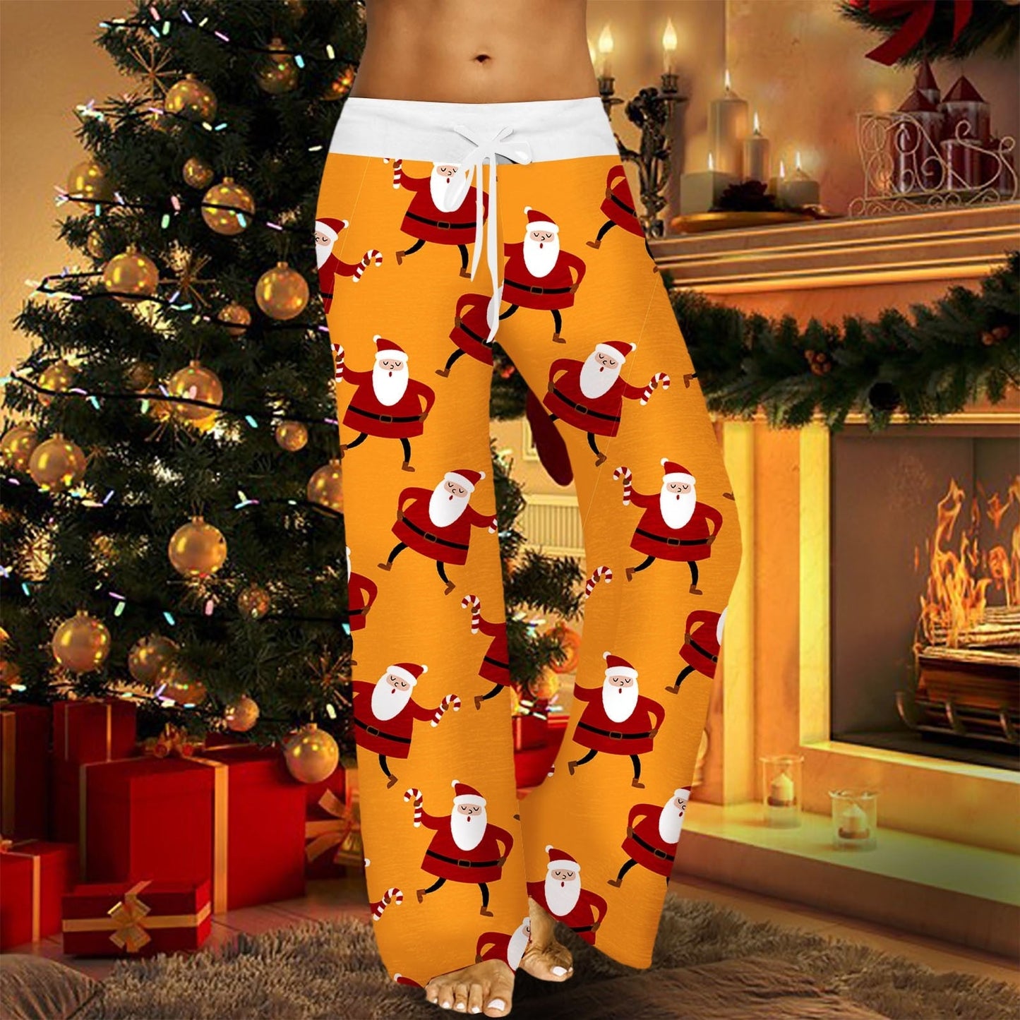 CityHottie - Womens Christmas Pants Cartoon Santa Claus Print Pants Wide Leg Pants Pull Rope Elastic Drawstrings Sweatpants Straight Trousers