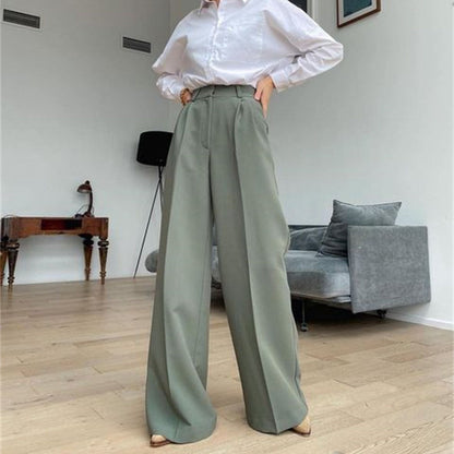 CityHottie - Outfits Trends New Spring Summer Women's Casual Straight Classic Green Black Rose Red High Waist Pants Korean Wide Leg Trousers for Women