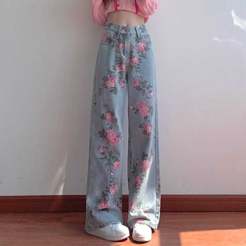 CityHottie - High Waist Flower Pattern Wide Leg Jeans Pants