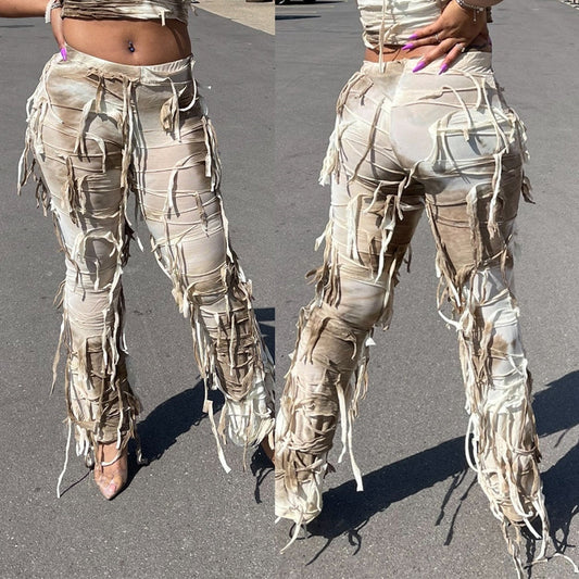 CityHottie - Tie Dye Fringe Pant Cargo Trousers Y2K Streetwear Fashion 2024 Women Summer Clothes Pencil Casual Tassel Sweat Pants Joggers