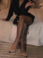 CityHottie - New Crystal Diamond Shiny Women Pants Summer Sexy Hollow Out Elastic Fishnet Trousers Fashion See Through Beachwear CityHottie