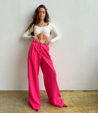 CityHottie - Outfits Trends New Spring Summer Women's Casual Straight Classic Green Black Rose Red High Waist Pants Korean Wide Leg Trousers for Women