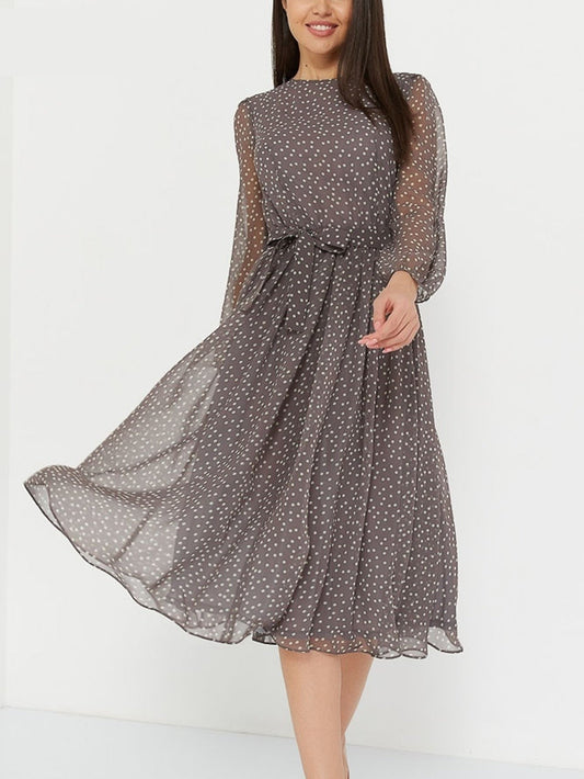 CityHottie - Summer Outfits Fashion Trends Elegant Dot Print Long Sleeve Polka Dress O Neck Chiffon A Line Women Casual Dress Vintage Midi Vestidos