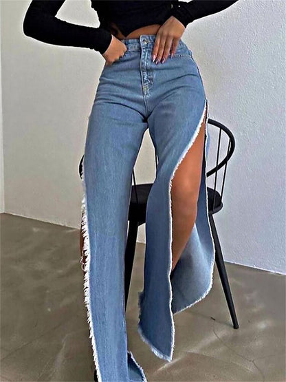 CityHottie - High Waisted Side Split Out Jeans Women Casual Loose Cargo Black Pants Streetwear Summer Wide Leg Long Baggy Y2k Jeans