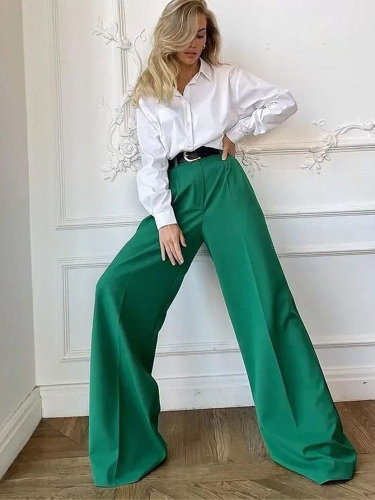 CityHottie - Outfits Trends New Spring Summer Women's Casual Straight Classic Green Black Rose Red High Waist Pants Korean Wide Leg Trousers for Women