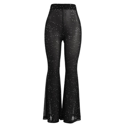 CityHottie - Hot Sparkly Rhinestone Black Mesh Sexy Flare Pants Streetwear Rave Bottoms See Through Beach Bell Bottom Pants C66-BE16