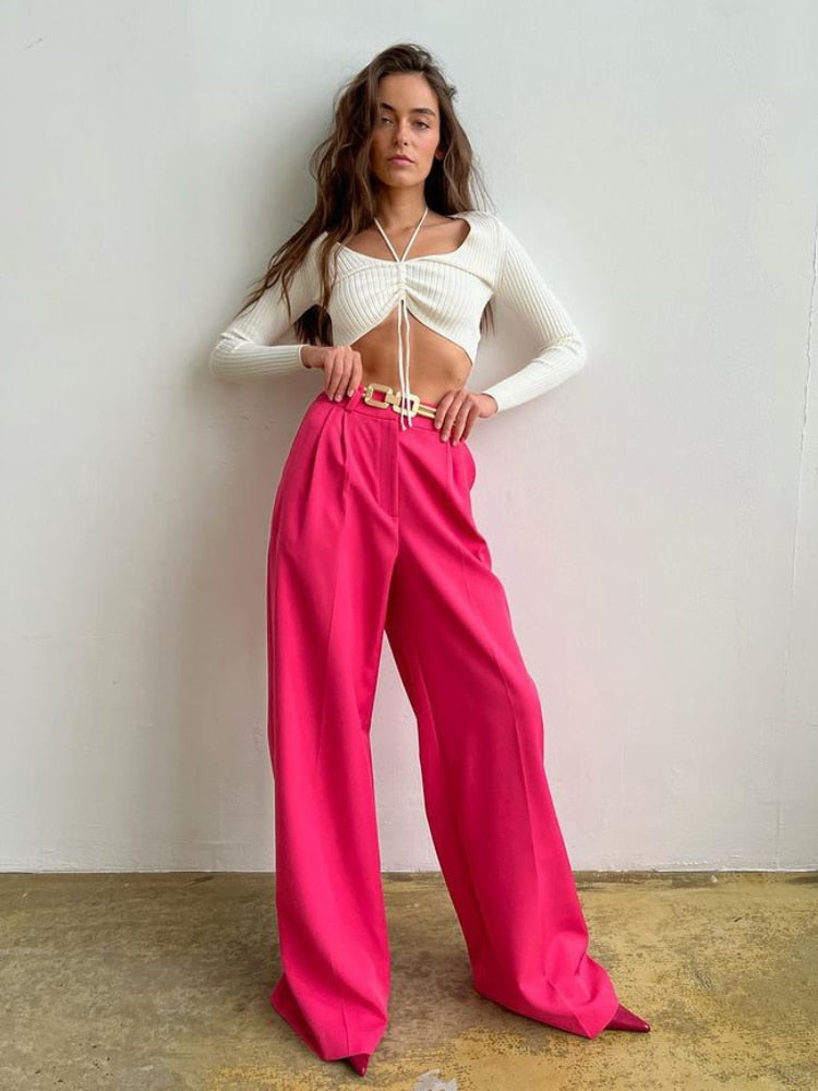 CityHottie - Outfits Trends New Spring Summer Women's Casual Straight Classic Green Black Rose Red High Waist Pants Korean Wide Leg Trousers for Women