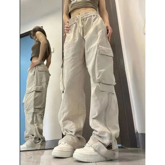 CityHottie - American Y2K White Vintage Cargo Jeans Fashion Pocket High Waist Straight Pants High Street Baggy Wide Leg Denim Trouser Ladies