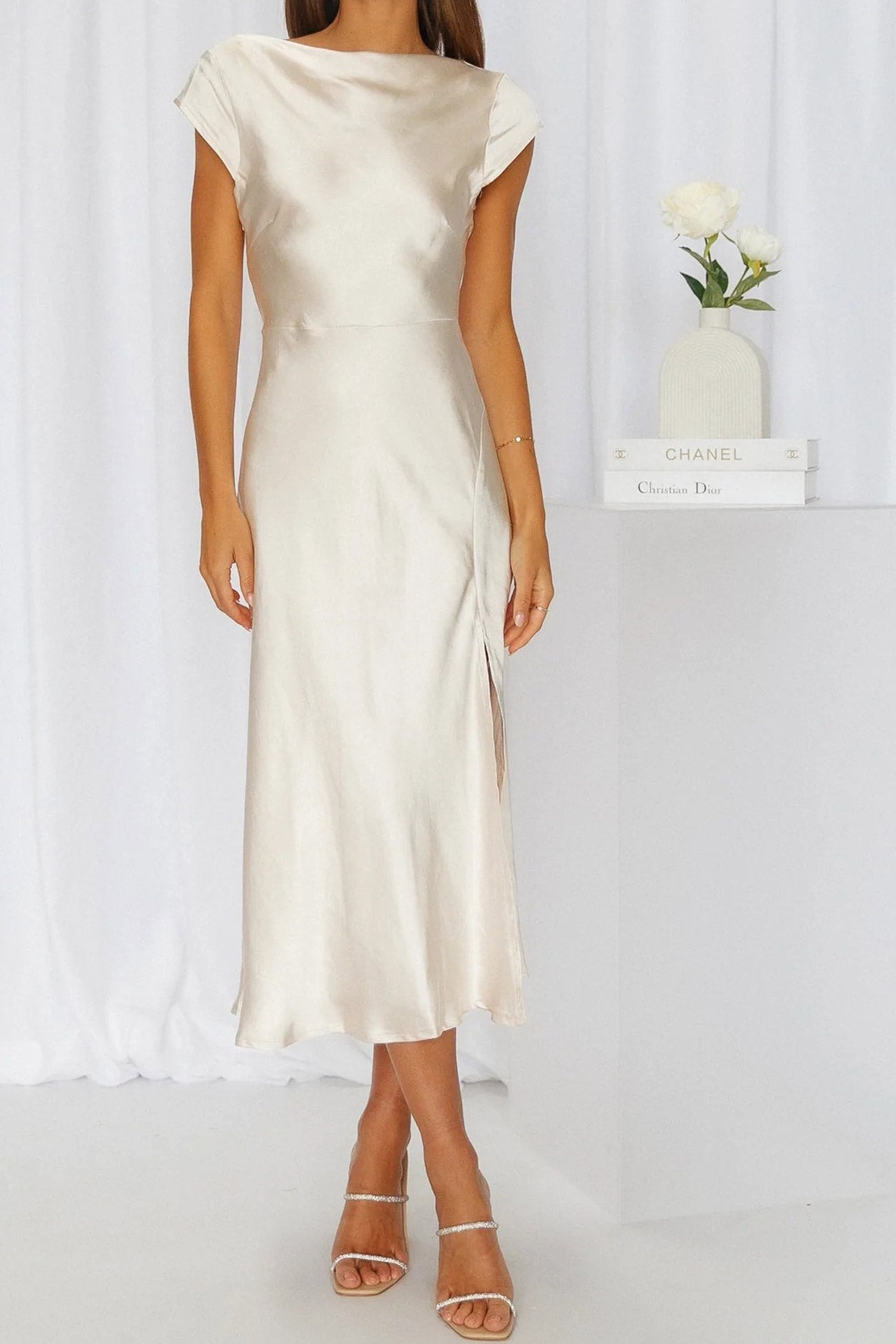 Satin Cowl Neck Twisted-back Slit Dress