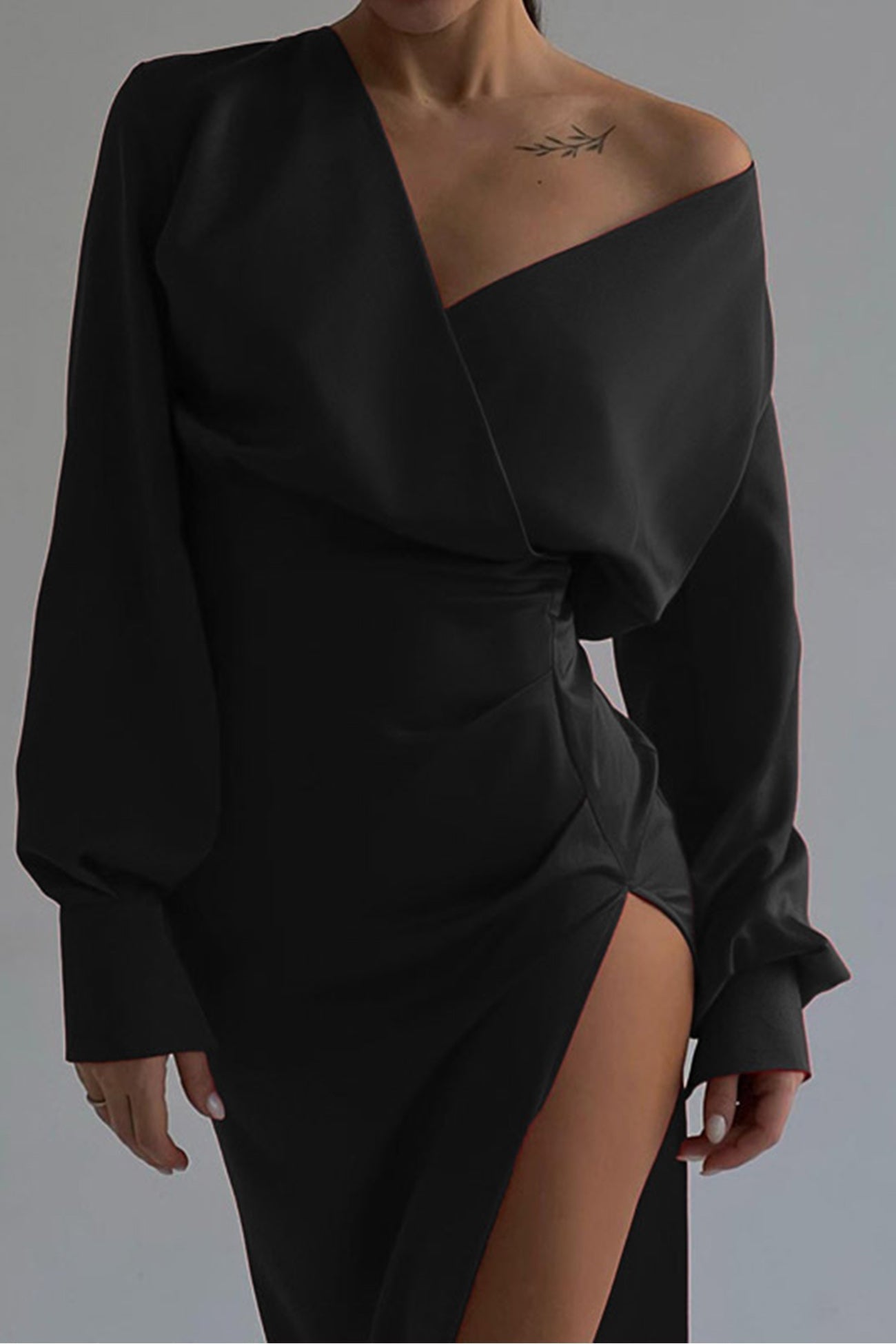 Satin Off Shoulder Gather Silt Dress