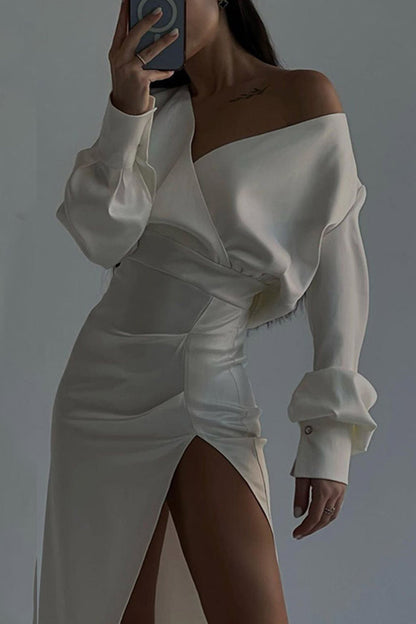 Satin Off Shoulder Gather Silt Dress