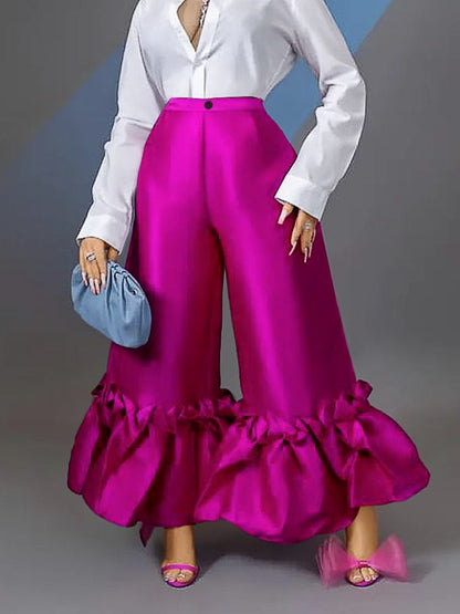 CityHottie - Women High Waist Flare Pants Wide Leg Big Size Shiny Fuchsia Bell Bottoms Trousers Dressy Femme Trendy Party Club Outfits 4XL