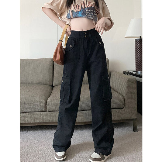 CityHottie - Cargo Pants for Women 2024 New High Waisted Pockets Korean Baggy Wide Leg Pants Streetwear Casual Full Length Pants