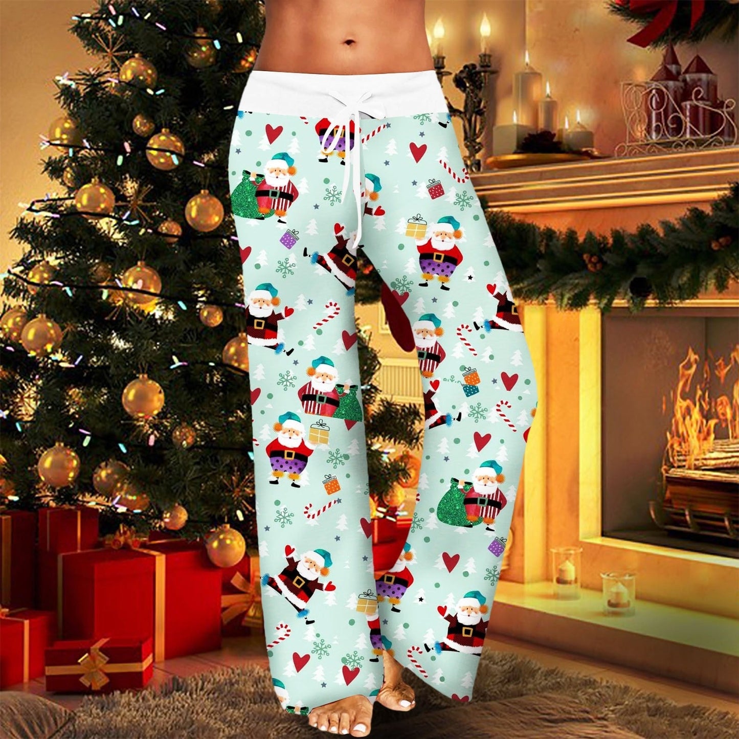 CityHottie - Womens Christmas Pants Cartoon Santa Claus Print Pants Wide Leg Pants Pull Rope Elastic Drawstrings Sweatpants Straight Trousers