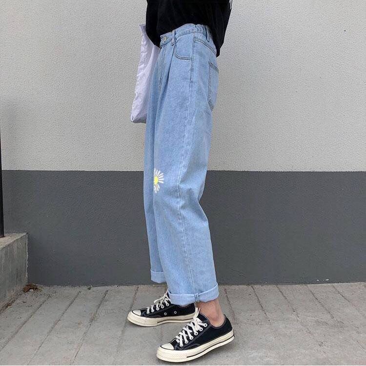 CityHottie - Korean Loose Daisy Jeans Women Fashion New High Waist Straight Denim Pants Maxi Wide-leg Cropped Trousers Female S-5XL