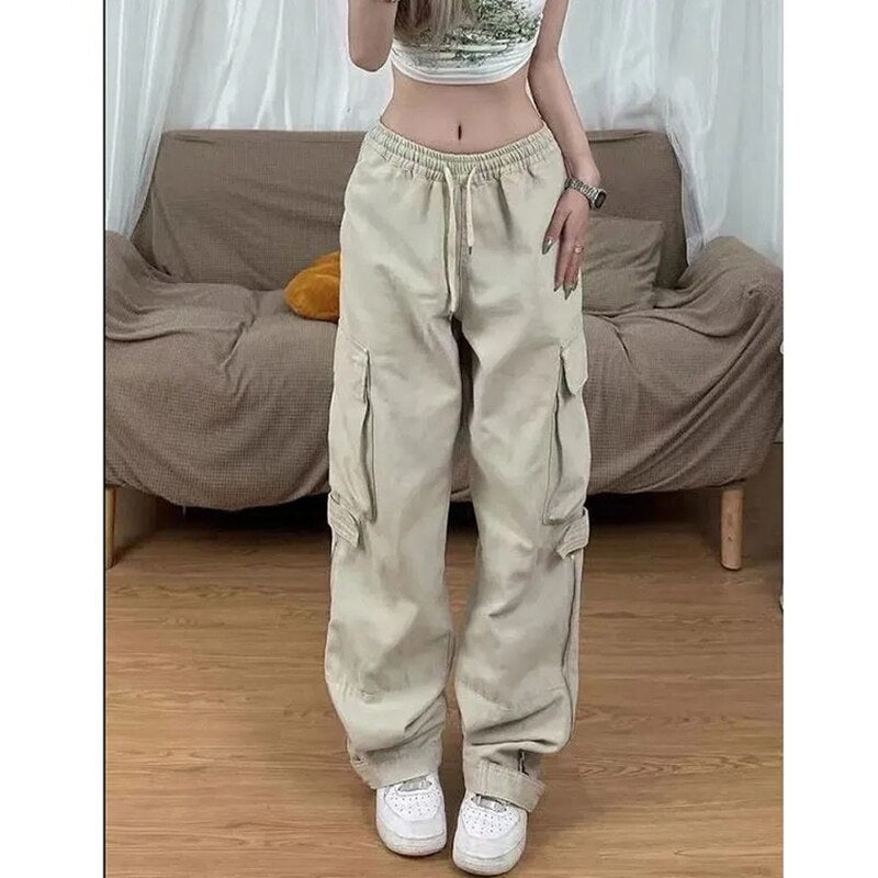 CityHottie - American Y2K White Vintage Cargo Jeans Fashion Pocket High Waist Straight Pants High Street Baggy Wide Leg Denim Trouser Ladies