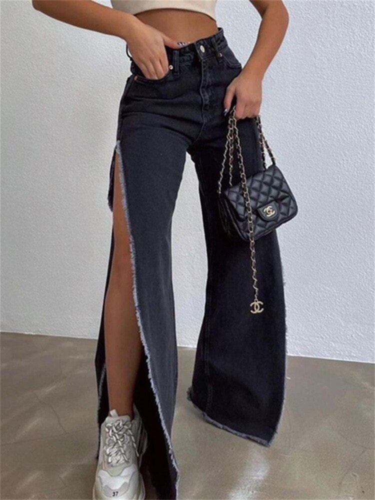 CityHottie - High Waisted Side Split Out Jeans Women Casual Loose Cargo Black Pants Streetwear Summer Wide Leg Long Baggy Y2k Jeans