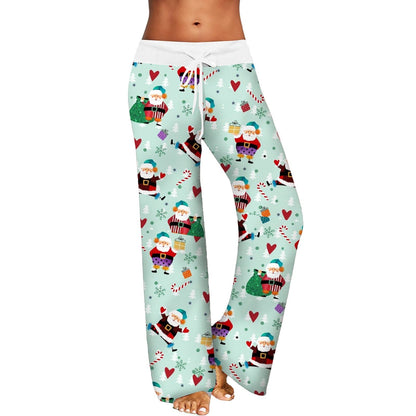 CityHottie - Womens Christmas Pants Cartoon Santa Claus Print Pants Wide Leg Pants Pull Rope Elastic Drawstrings Sweatpants Straight Trousers