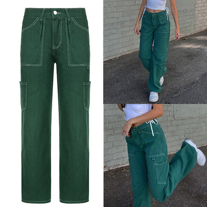 CityHottie - Women Spring Fashion Multi Pockets White Cargo Pants Women Adjustable Low Waist Baggy Wide Leg Jeans Oversized Casual Trousers Retro Bottoms Iamhotty