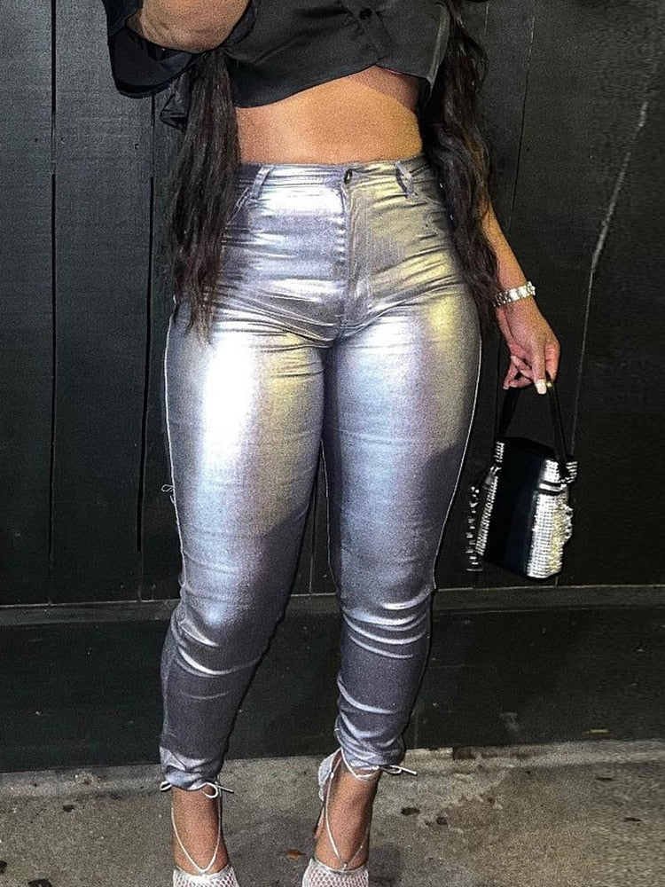 CityHottie - Streetwear metallic y2k Pants For Women High Waist  Skinny Pants Red Green Silver Club Sexy Fashion Trousers