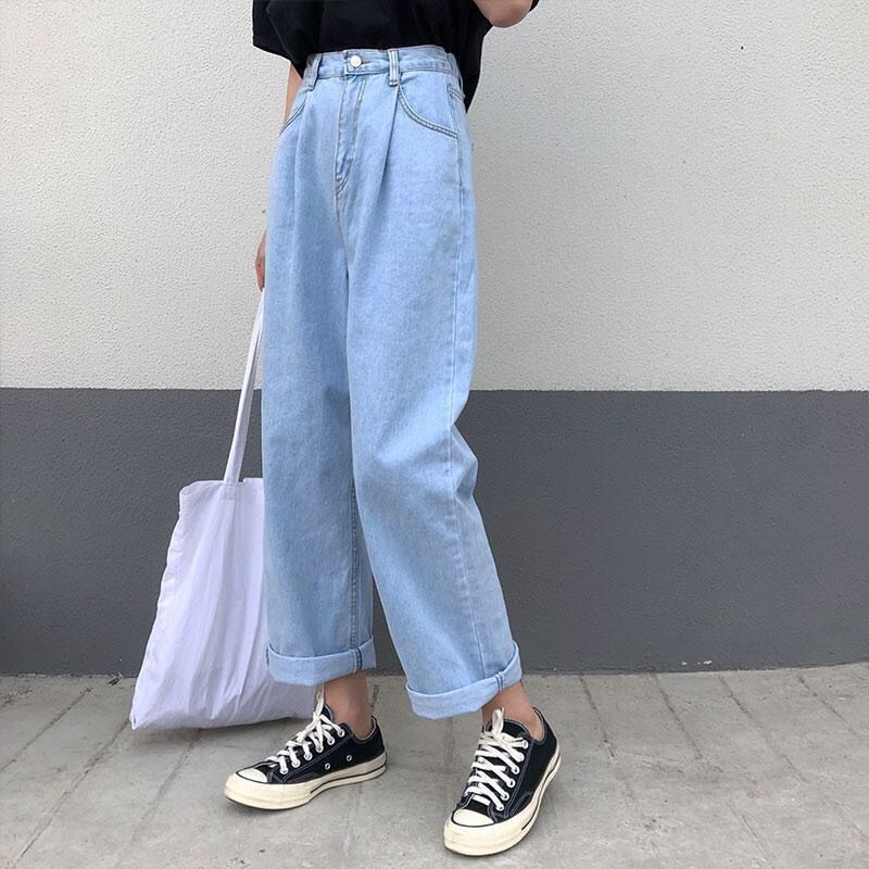 CityHottie - Korean Loose Daisy Jeans Women Fashion New High Waist Straight Denim Pants Maxi Wide-leg Cropped Trousers Female S-5XL