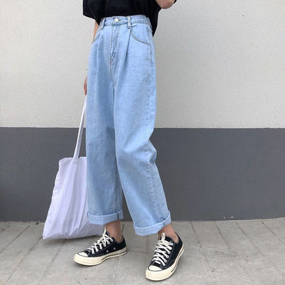 CityHottie - Korean Loose Daisy Jeans Women Fashion New High Waist Straight Denim Pants Maxi Wide-leg Cropped Trousers Female S-5XL