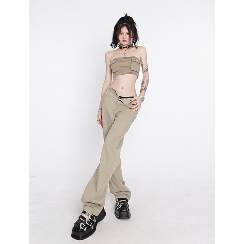 CityHottie - Women's Khaki Wide Leg Jeans Star Pocket Vintage Straight Pants High Waist Baggy Streetwear Casual Brown Denim Trouser Ladies