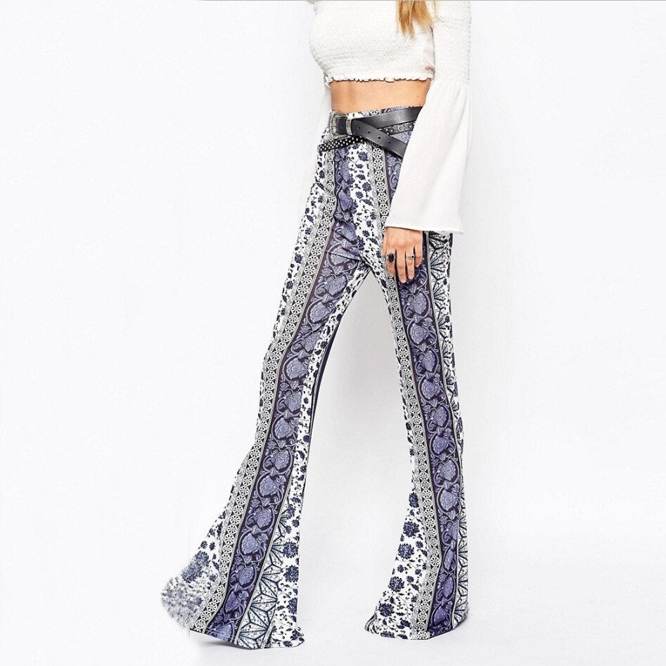 CityHottie - Spring Autumn Bell Bottom Pants Women Streetwear Flare Pants Beach Trousers Ladies Fashion Elastic Print Slim Pants