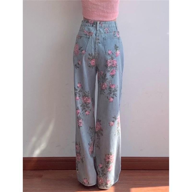 CityHottie - High Waist Flower Pattern Wide Leg Jeans Pants