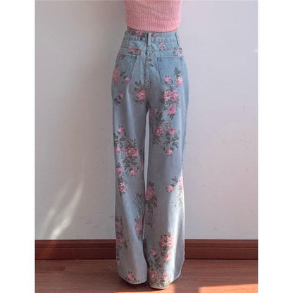 CityHottie - High Waist Flower Pattern Wide Leg Jeans Pants