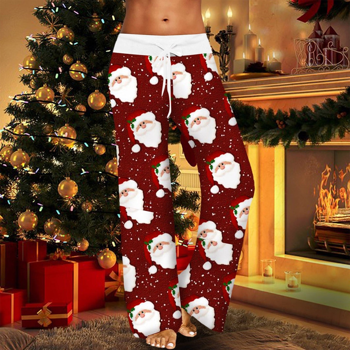 CityHottie - Womens Christmas Pants Cartoon Santa Claus Print Pants Wide Leg Pants Pull Rope Elastic Drawstrings Sweatpants Straight Trousers