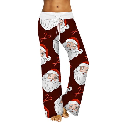 CityHottie - Womens Christmas Pants Cartoon Santa Claus Print Pants Wide Leg Pants Pull Rope Elastic Drawstrings Sweatpants Straight Trousers