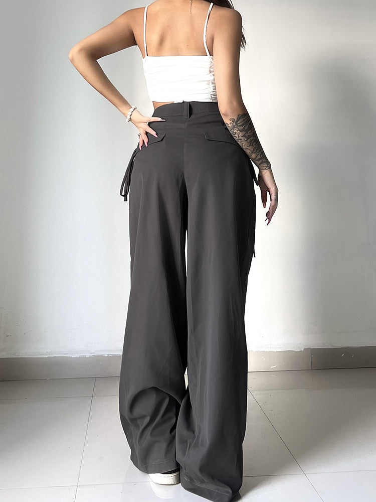 CityHottie - Shirring Casual Wide Leg Pants Women High Waist Street Basic Loose Sweat Trousers Korean Retro Gray Office Lady Pants