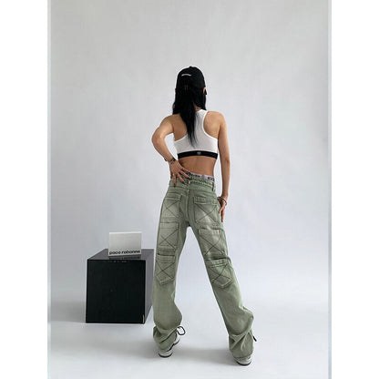 CityHottie - Women's Green Jeans Vintage Washed Multiple Pockets Wide Leg Pants Casual Street High Waist Baggy Denim Trouser Ladies Summer